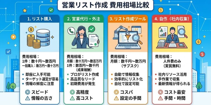 営業リスト作成の費用相場はいくら？｜購入・外注・ツール・自作の4パターンを比較