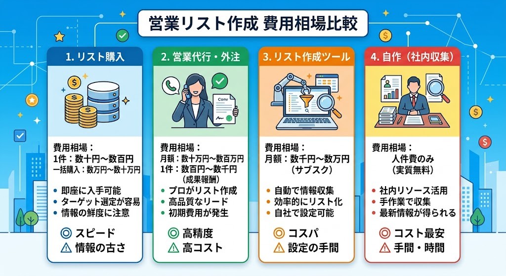 営業リスト作成の費用相場はいくら?|購入・外注・ツール・自作の4パターンを比較