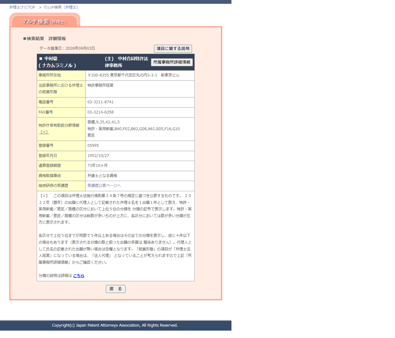 弁理士ナビの弁理士詳細ページ。氏名・登録番号・登録年月日・事務所名・住所・電話・FAX・就業形態・取扱分野が載る