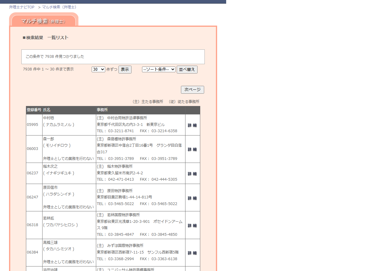 弁理士ナビの検索結果一覧(東京都)。この条件で7938件見つかりました。登録番号・氏名・事務所名・住所・TEL・FAXが並ぶ