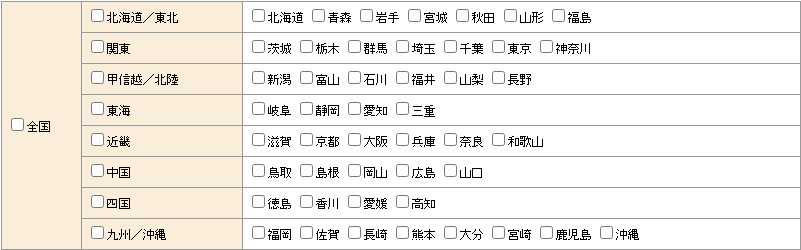 人材サービス総合サイトの都道府県チェック欄。全国、地方ブロック、47都道府県のチェックボックス