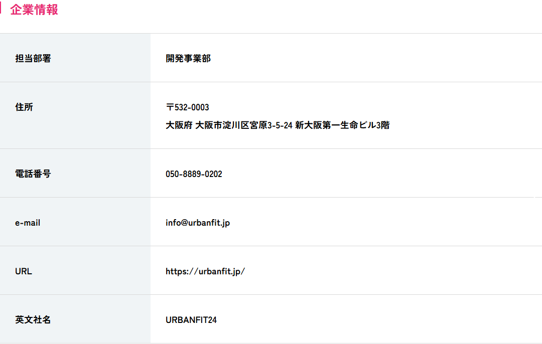 出展者ページの企業情報。担当部署・住所・電話番号・e-mail・URL・英文社名が並ぶ