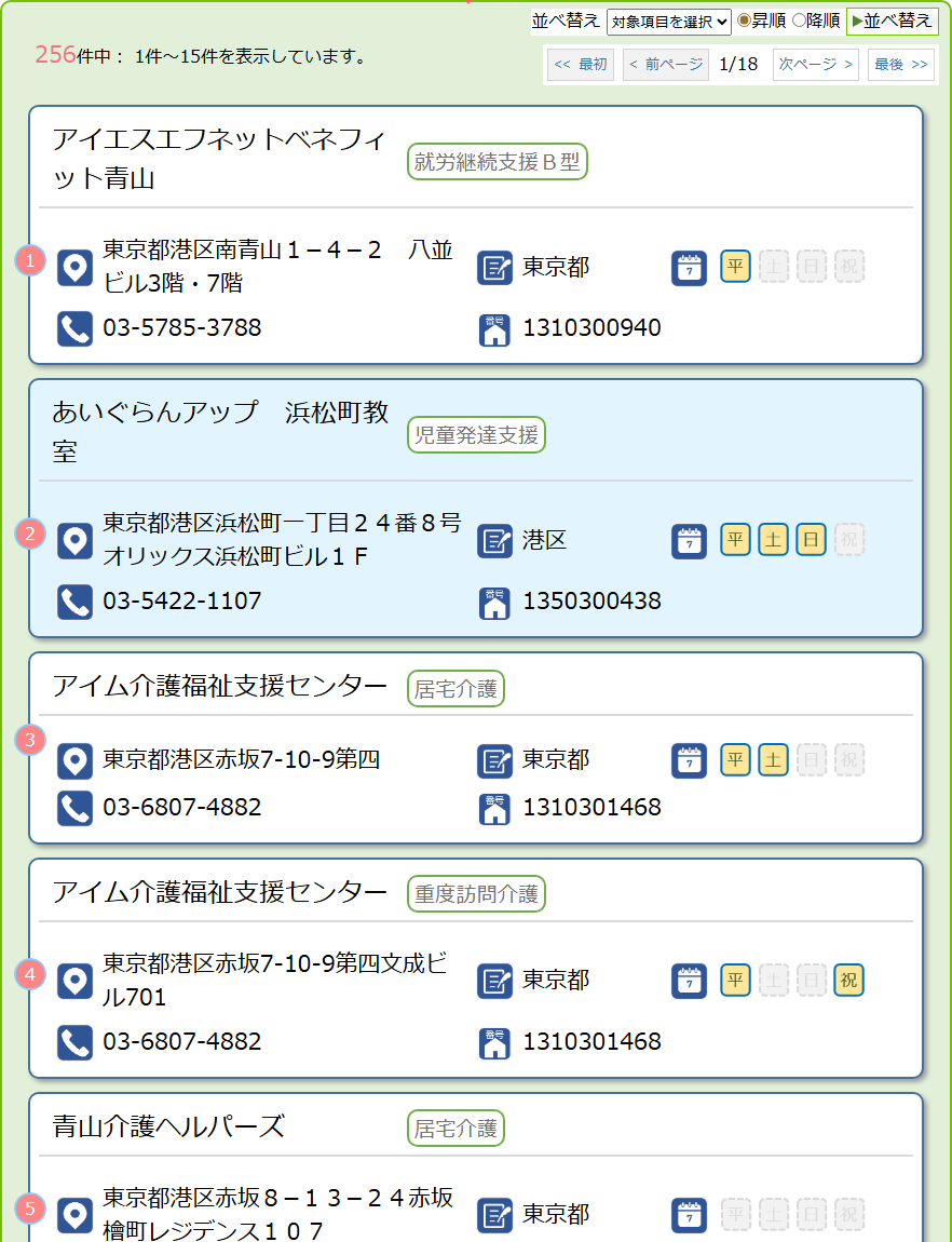 障害福祉サービス等情報公表システムの検索結果一覧（東京都港区）。事業所名・サービス種別・住所・電話番号・事業所番号が並ぶ