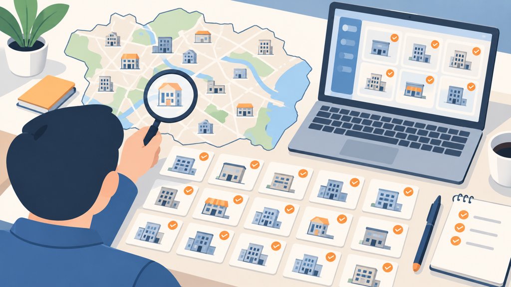 地域の事業所を地図の上で確認しているイラスト