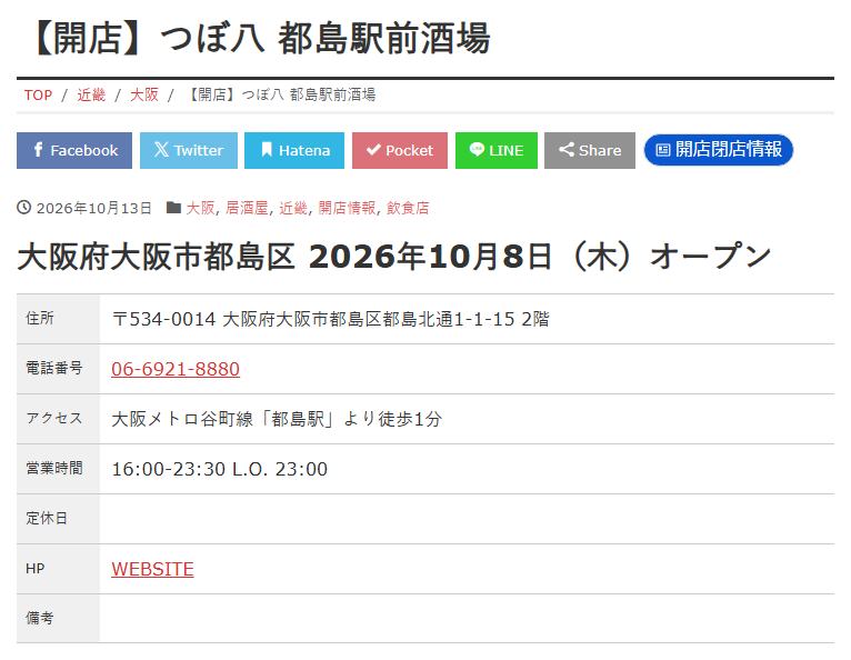 開店閉店.comの開店の記事。オープン日の下に住所・電話番号・アクセス・営業時間・定休日・HP・備考の表