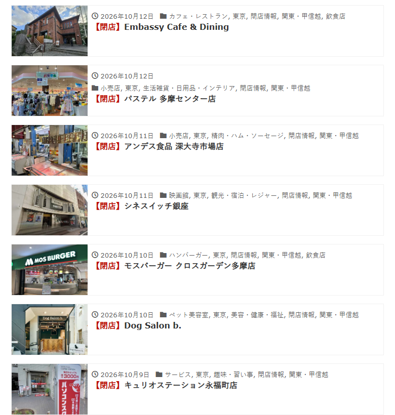 開店閉店.comの東京の一覧に?cat=-11を付けた画面。【閉店】の記事だけが並ぶ